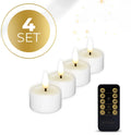 Four white LED tealight candles with flickering flame effect showing dimensions