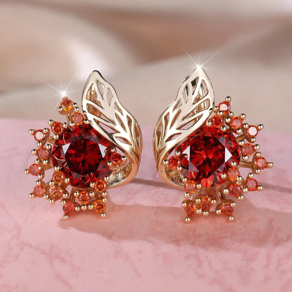 Round flower feather zircon earrings in champagne gold with coloured diamond options