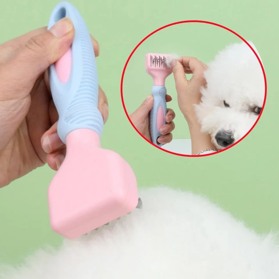 Pet grooming comb with stainless steel knot knife teeth and pink handle for detangling matted fur