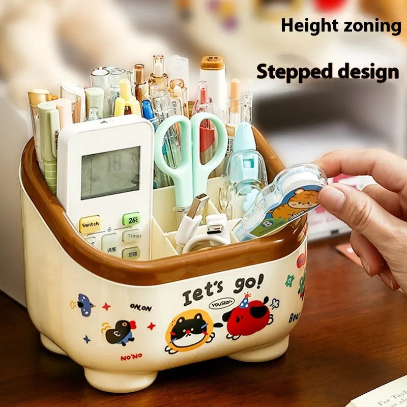Plastic desktop storage box with cartoon stickers showing 2L capacity for stationery organisation