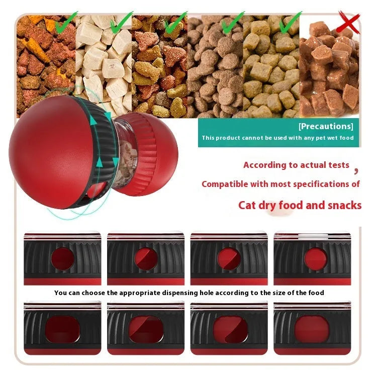 Plastic rotating cat toy ball with sound mechanism and treat dispensing hole measuring 155mm