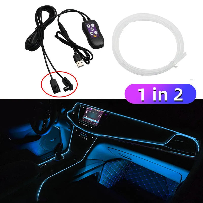 Car USB LED atmosphere lamp showing colour-changing strip installed on dashboard