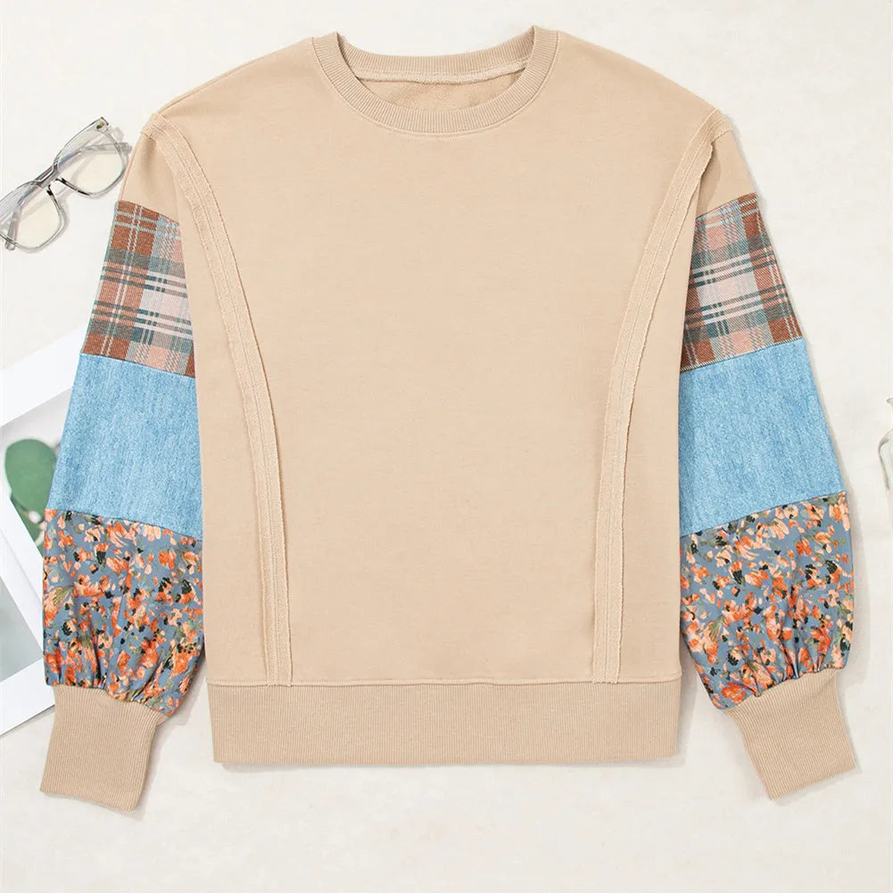 Women's plaid stitching long-sleeved polyester top in beige colour
