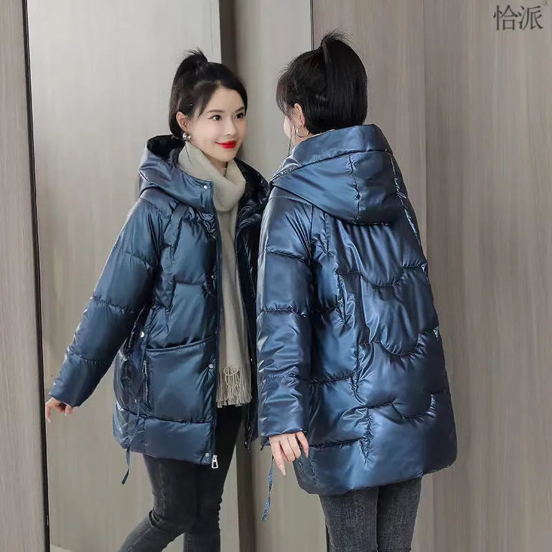 Women's loose thick hooded winter jacket in acrylic polyester blend available in four colours