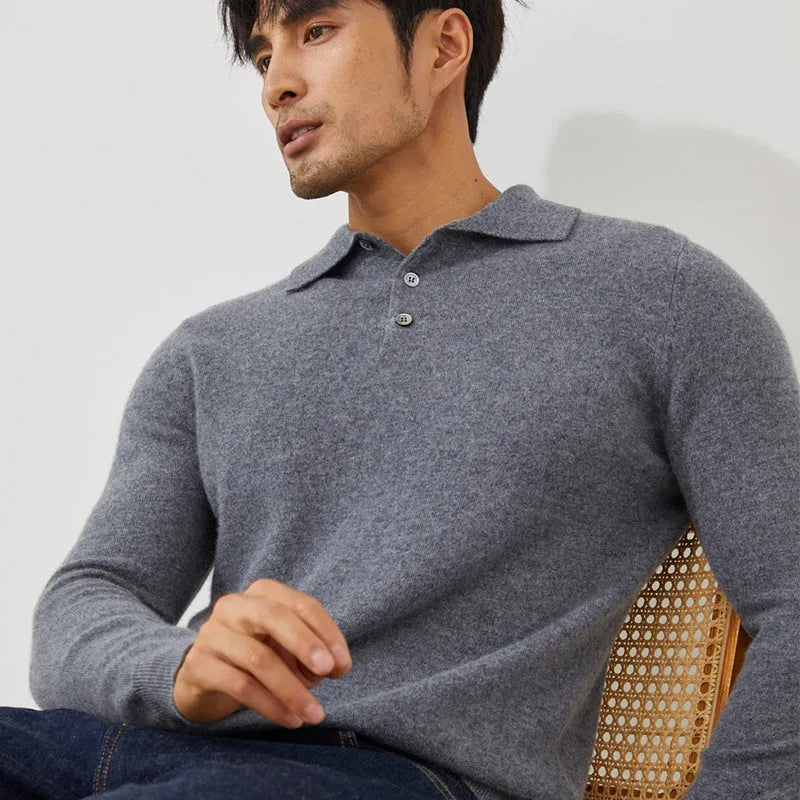 Men's cashmere polo collar pullover sweater in loose fit available in four colours