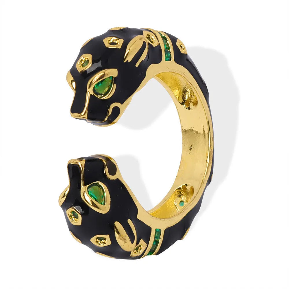 Copper geometric open ring with black cheetah electroplated pattern, size 7