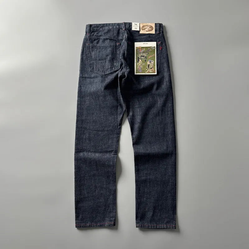 Men's straight leg denim trousers in primary colour with American retro styling and mid waist fit