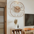 Modern transparent wooden wall clock with square 35cm dimensions showing clear dial and wooden frame