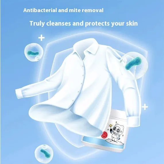 Bottle of biological enzyme bubble laundry powder for stain removal on delicate fabrics.