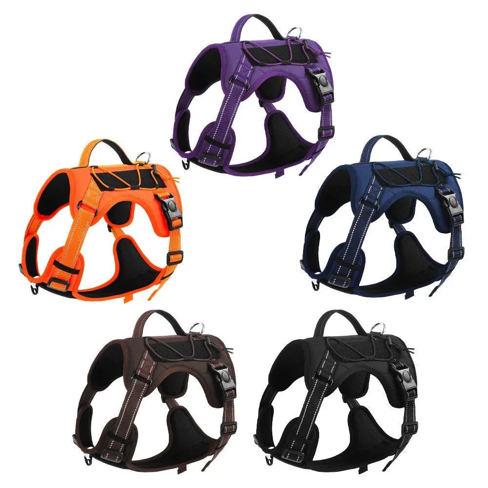 Orange explosion-proof dog harness vest with black reflective strips and an integrated black hand-holding rope.