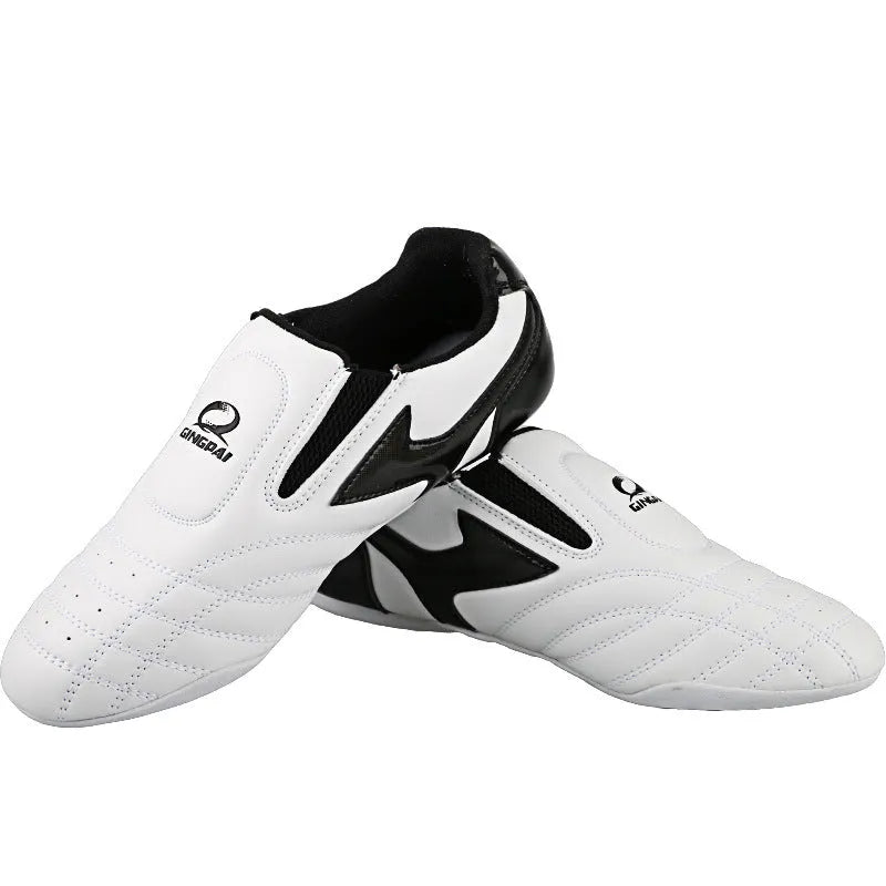 Black and white children's PU martial arts training shoes for Sanda and Taekwondo