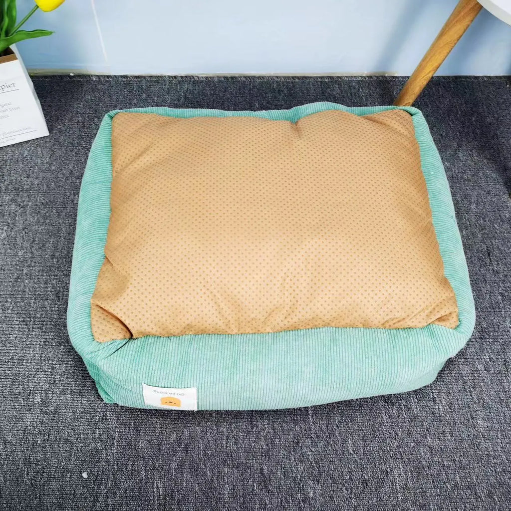 Soft cotton pet nest for dogs and cats in light blue, filled with PP cotton, shown in a home setting.