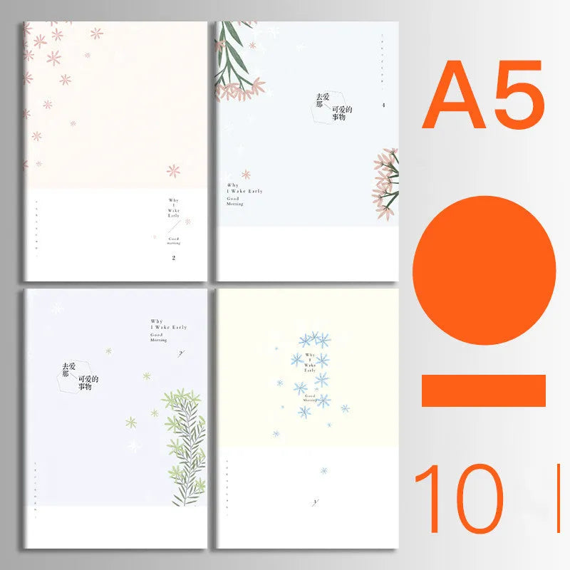 Ten soft cover kraft paper notebooks with thread binding in A5 and B5 sizes showing multiple design styles