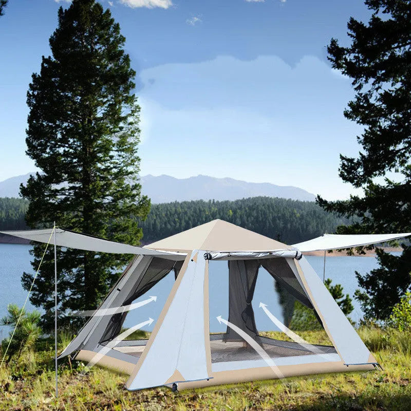 White fully automatic quick-open camping tent with double-layer aluminium poles, 220x220x168cm, 3-5 person, anti-mosquito mesh