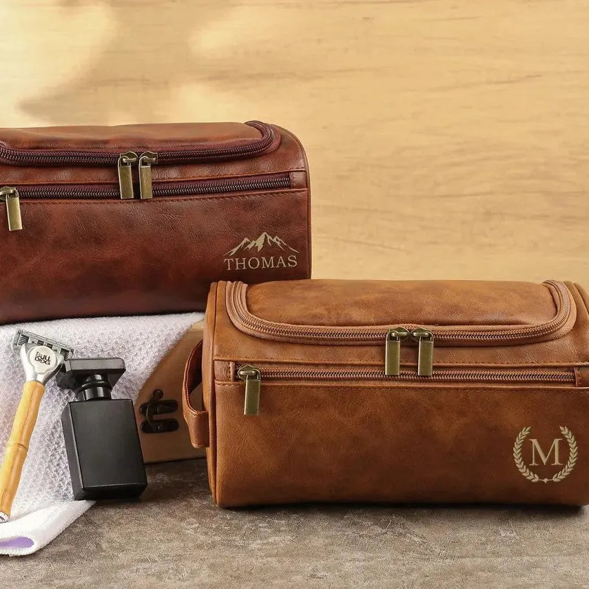 Men's pu leather travel bag with makeup pouch in black, light brown, brown or dark brown
