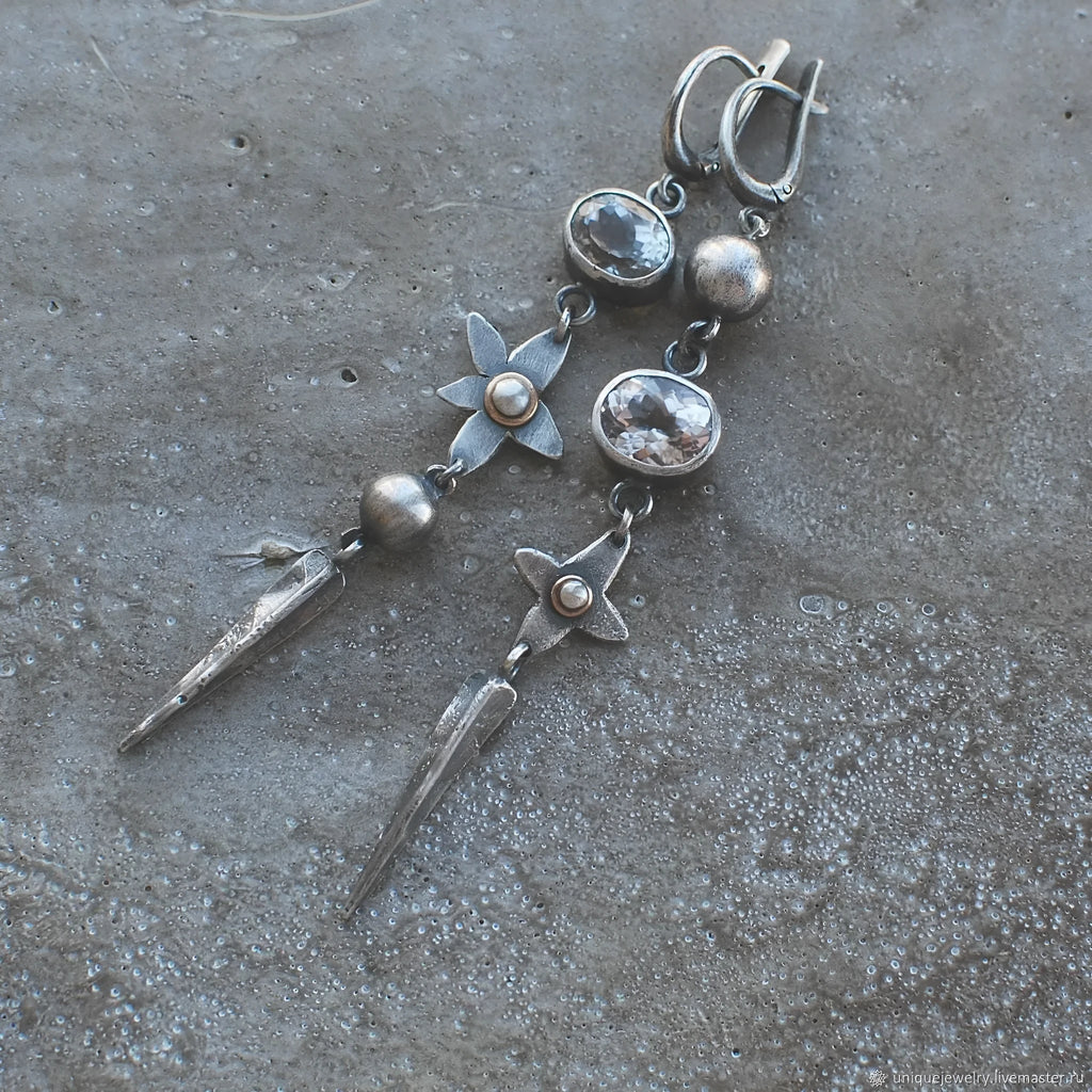 Geometric pendant earrings with antique silver plating and rhinestone detailing