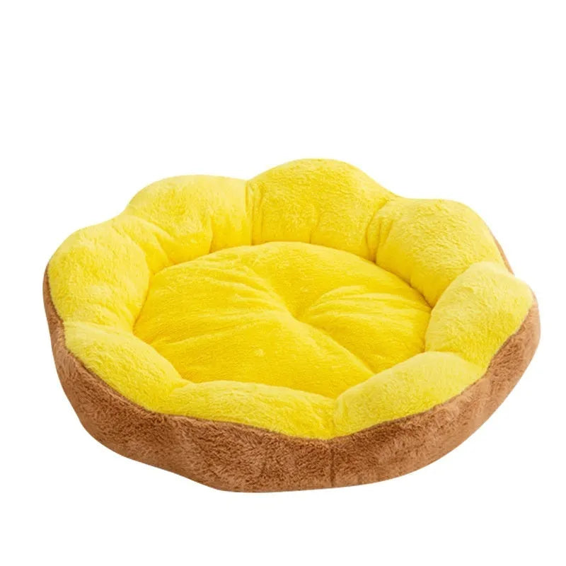 Round plush cat bed with detachable cover in yellow brown flower nest pattern