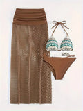 Women's gradient pattern bikini three-piece set with fishnet skirt in brown, rose pink, or black colours