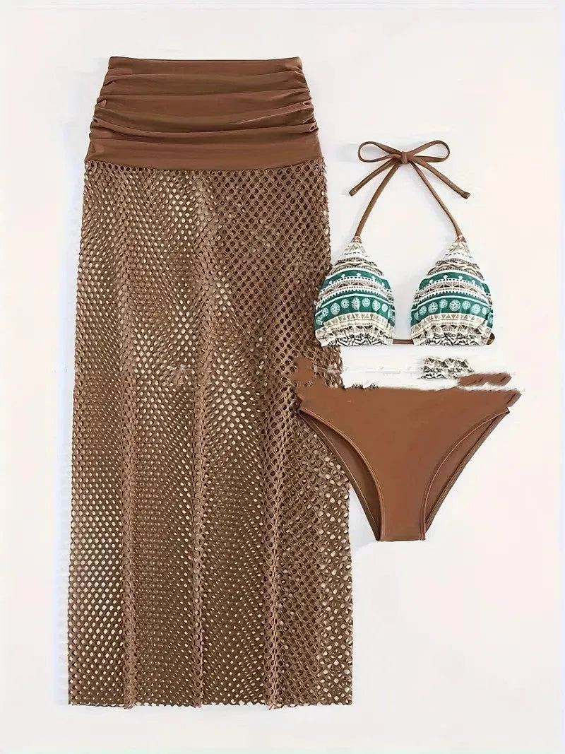 Women's gradient pattern bikini three-piece set with fishnet skirt in brown, rose pink, or black colours