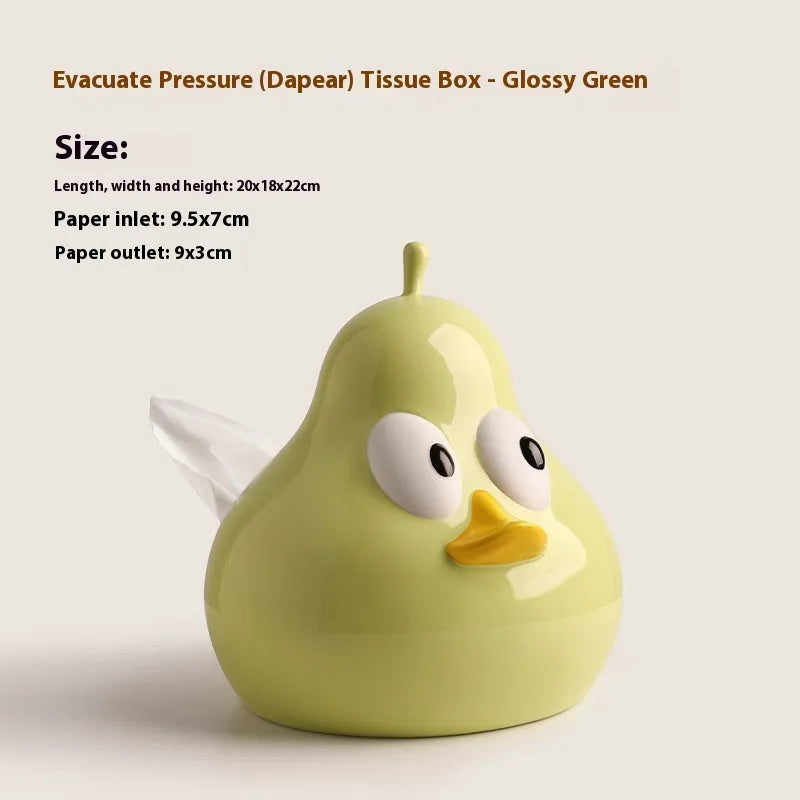 Ceramic pear-shaped tissue box with animal decoration in black or green colour