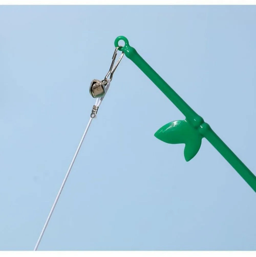 Green interactive cat feather wand toy with bell attachment and a comfortable grip handle.