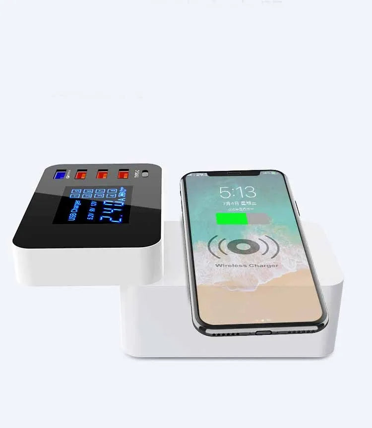 White multi USB port fast charger with wireless charging pad and international plug adapters