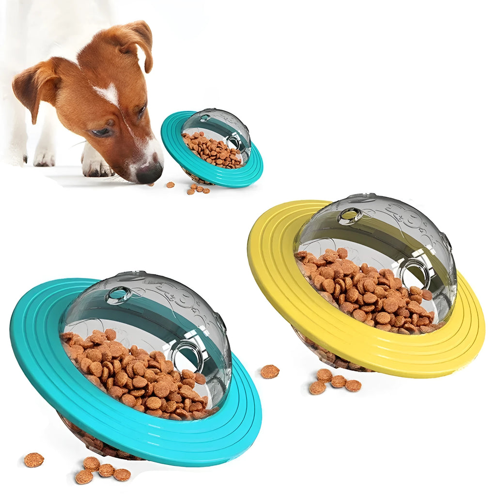 Interactive dog treat ball in blue or yellow with transparent lid for food dispensing and training