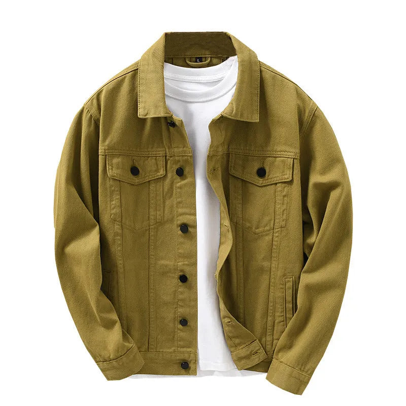 Men's Japanese style denim jacket shirt in solid apricot, black, or dark army colour, sizes M to XXXL, no hood