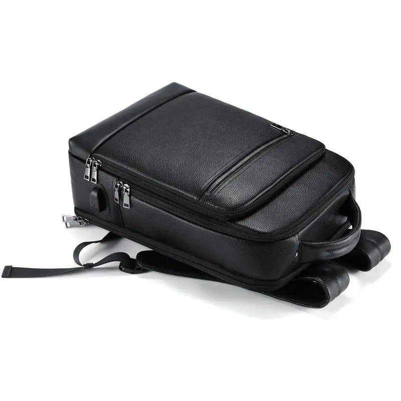 Men's black leather business computer backpack with curved shoulder straps