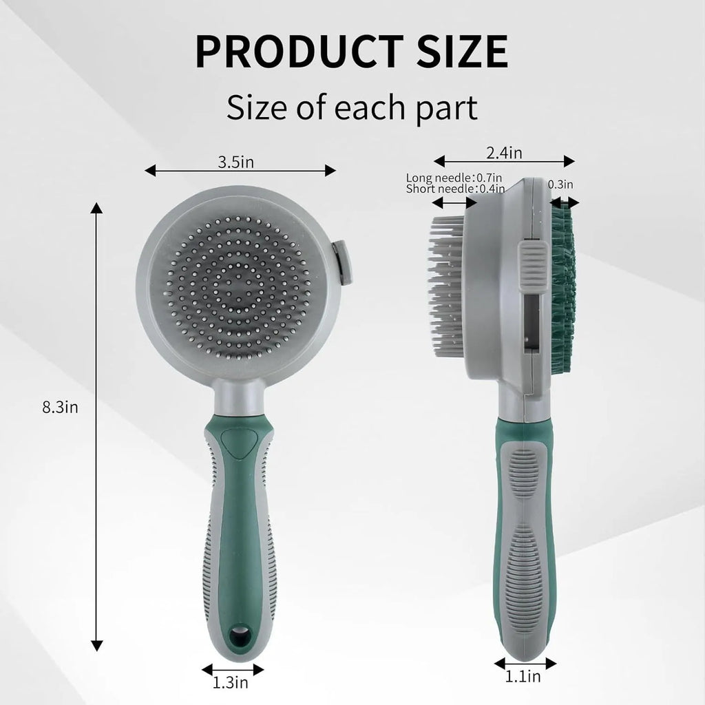 Green and pink two-sided silicone pet brush with slicker bristles and massage teeth on a white background