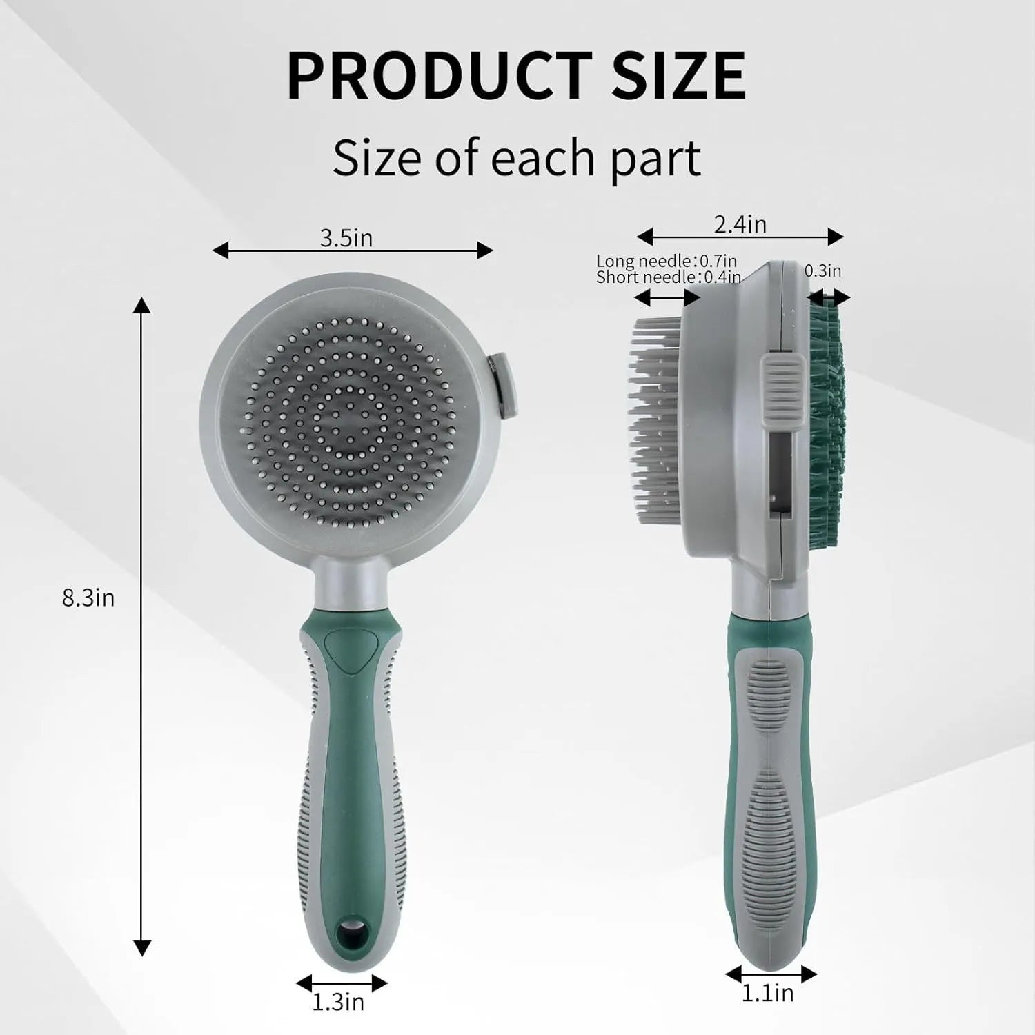 Green and pink two-sided silicone pet brush with slicker bristles and massage teeth on a white background