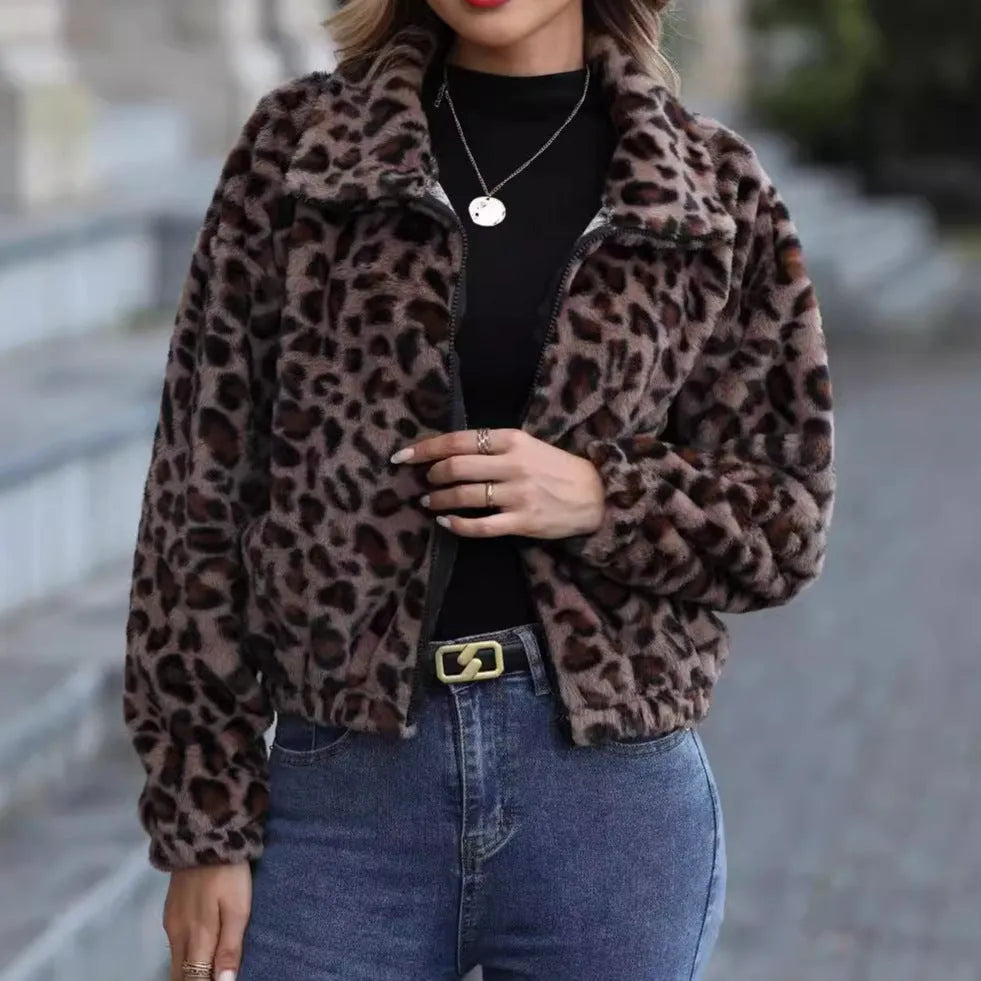 Women's loose fit leopard print plush coat with full-length zipper and raglan sleeves