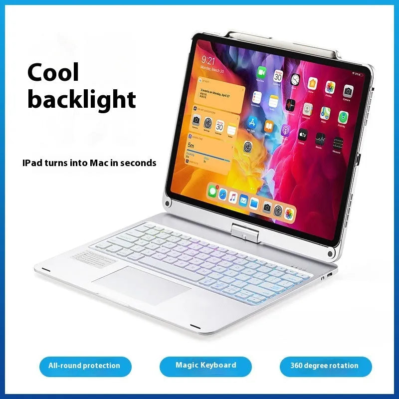 Miaocontrol rotating Bluetooth keyboard attached to iPad showing 360-degree hinge adjustment with touch keys