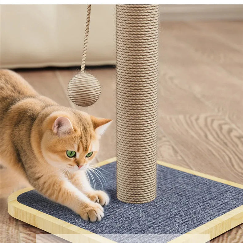 Scratch-resistant cat climbing frame toy with hanging ball, made from pine wood and carpet leather.