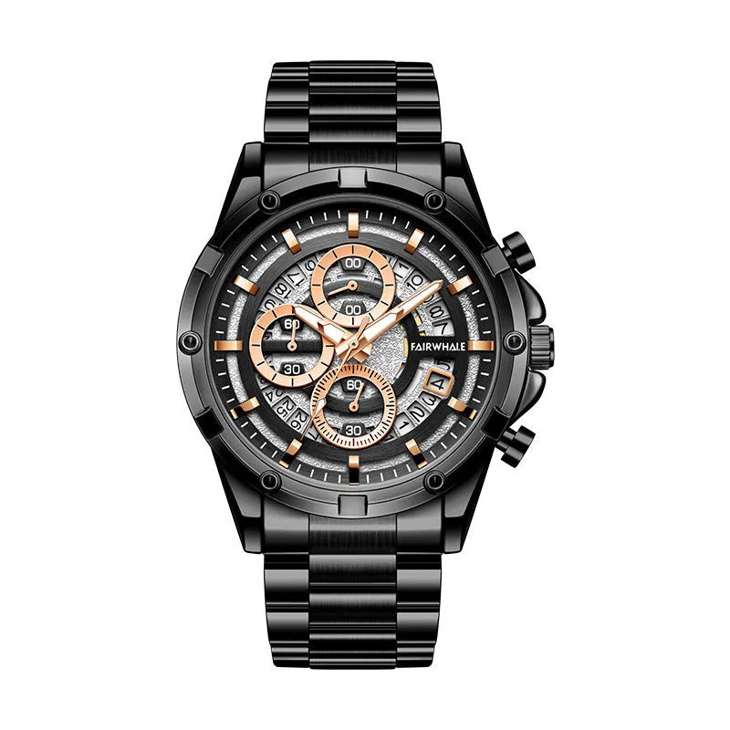 Men's luminous waterproof quartz watch with steel belt in black shell blue surface option