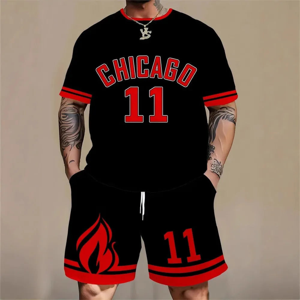 Man wearing a grey 3D printed letter design short sleeve top and matching shorts sports set.