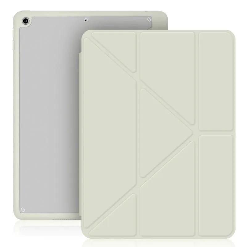 Acrylic folding iPad case showing Y-deformation design, pen slot, and imitation leather construction