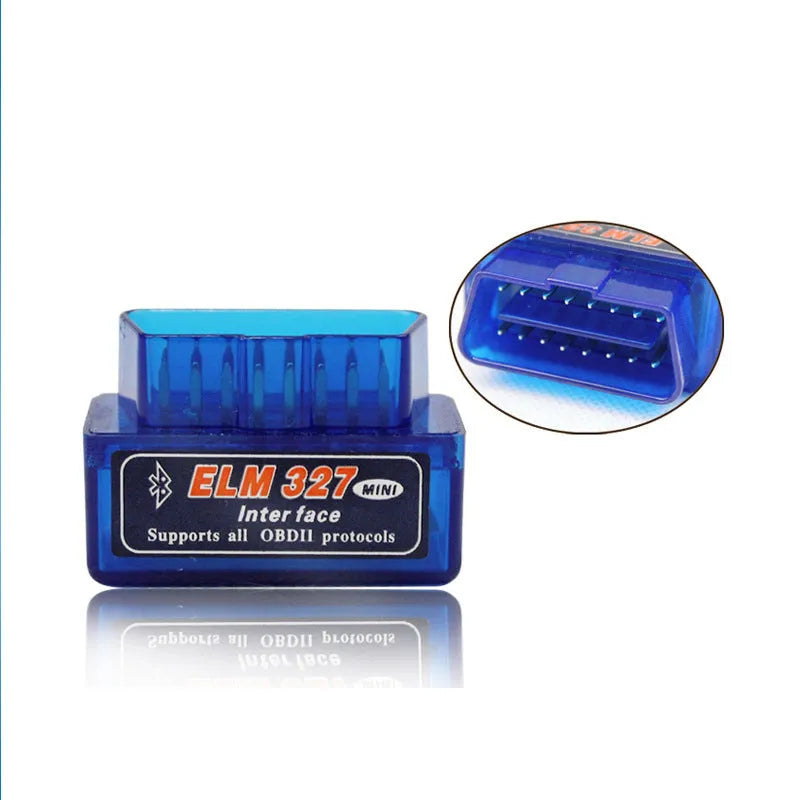 Small blue OBD2 Bluetooth diagnostic scanner with ELM327 chip for reading car engine fault codes