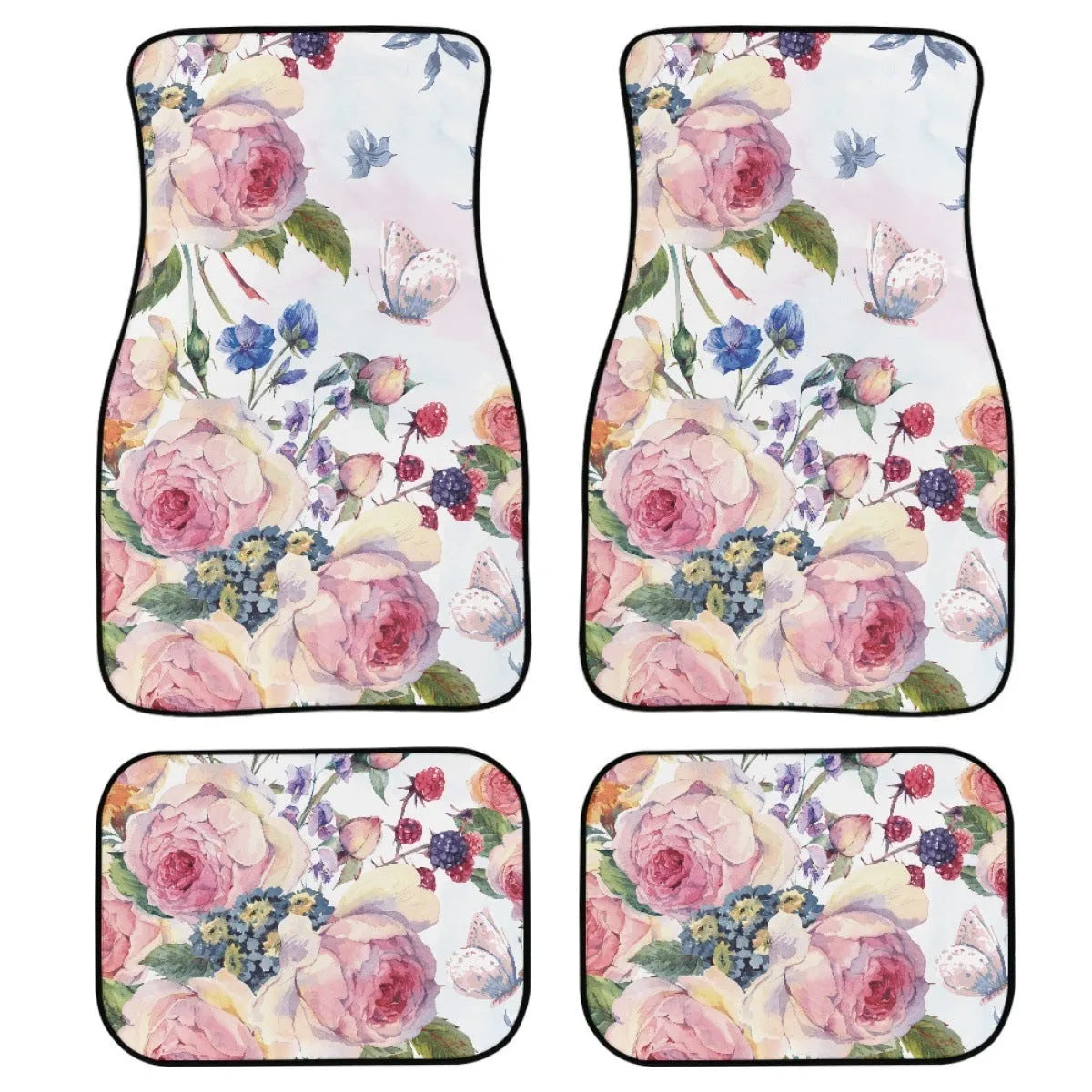 Black printed rubber car foot mat set showing 20mm thickness and four-piece layout for general vehicle models