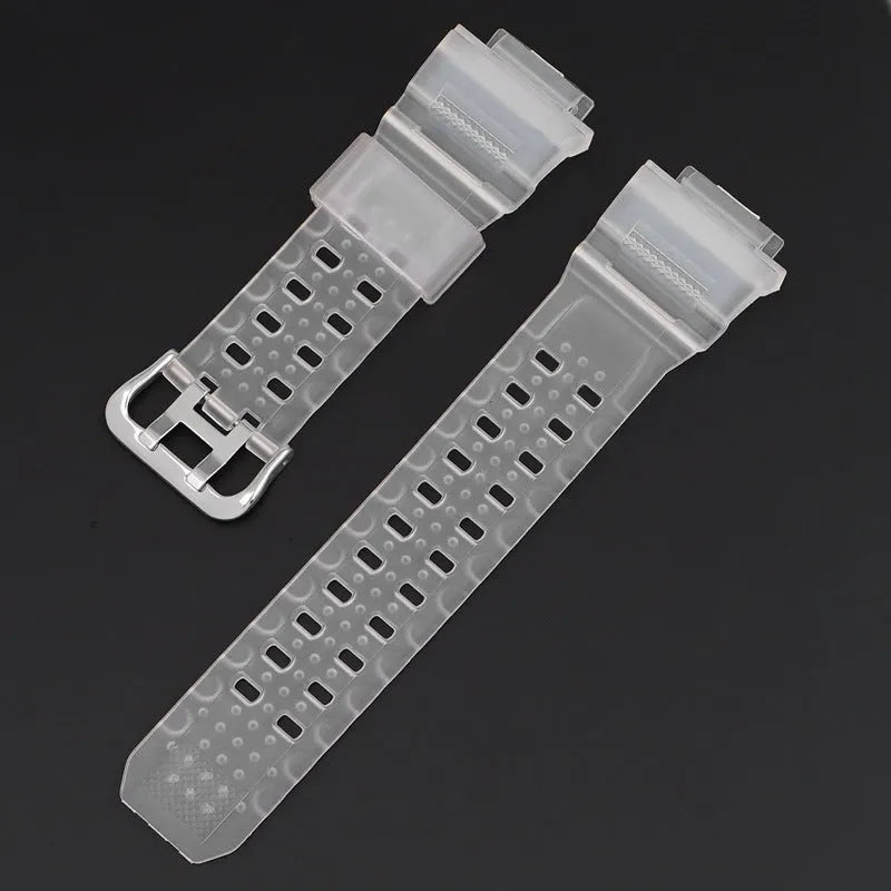 Camouflage pattern TPU rubber watch strap with a silver buckle.