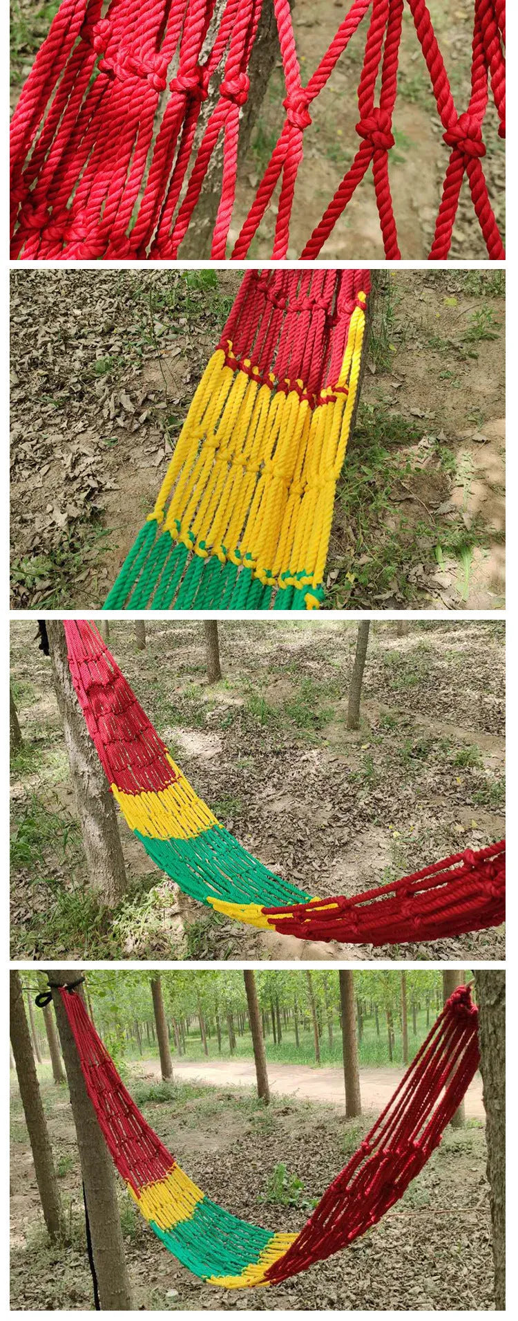 Nylon rope mesh hammock measuring 1.1 metres wide by 2.1 metres long with rope ties
