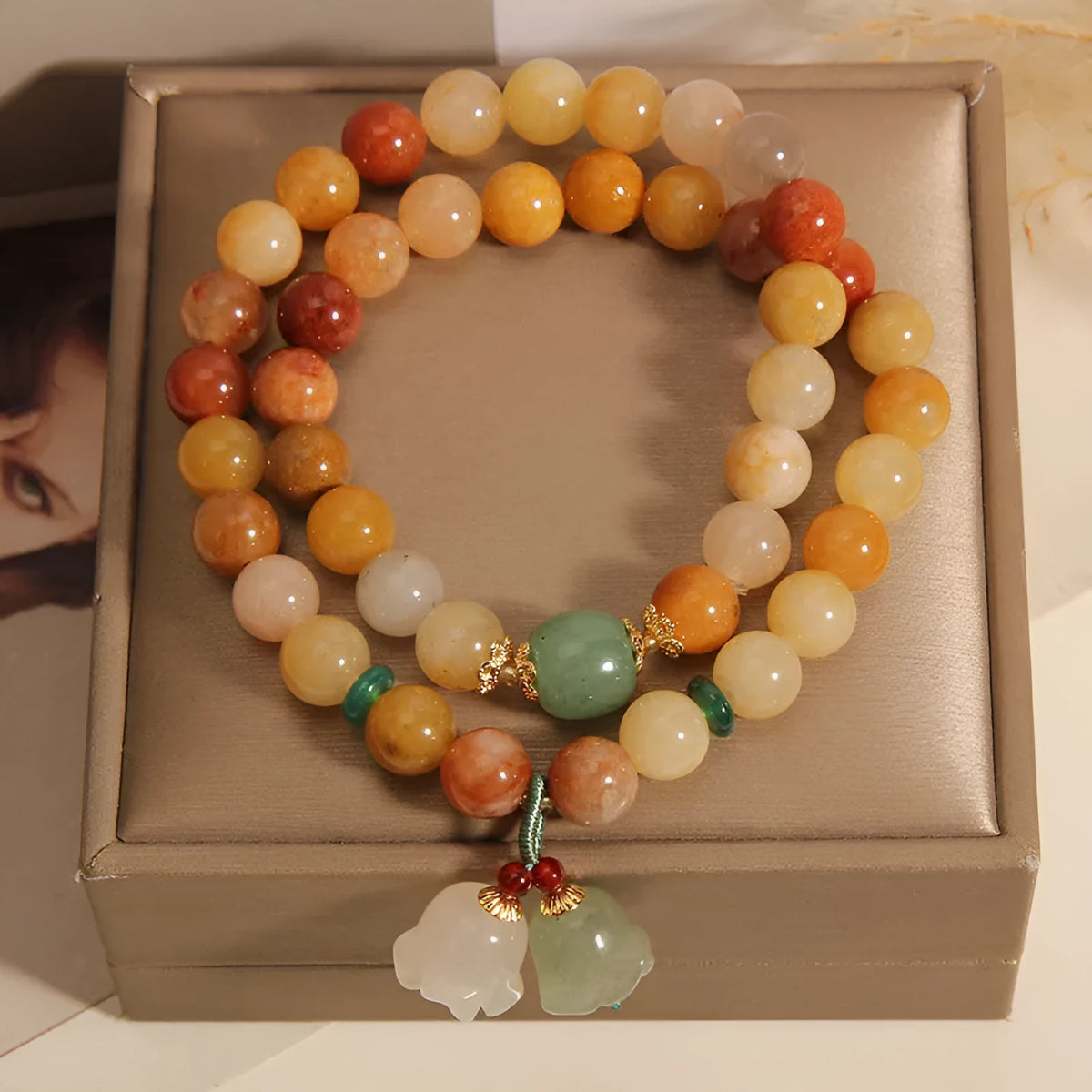 Women's natural jinsi jade multi-layer bracelet with orchid pendant on adjustable fastening