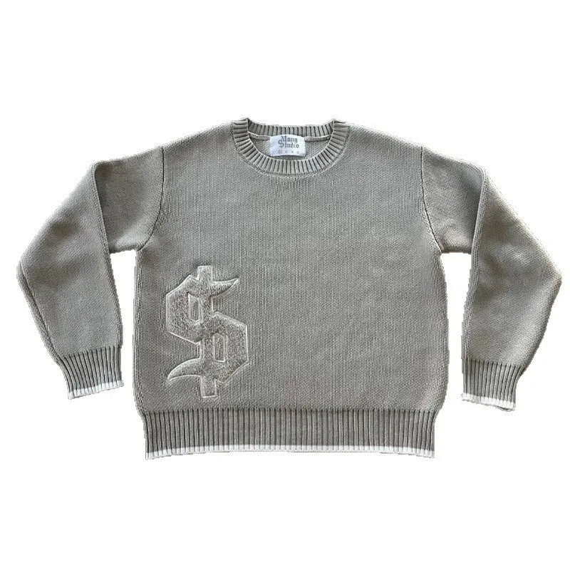 Grey loose-fitting jacquard knitwear coat with long sleeves on a hanger