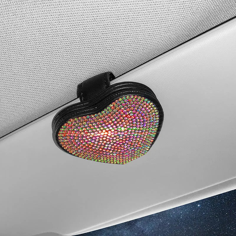 Diamond-encrusted PU leather car sun visor organiser clip with magnetic document holder and glasses storage