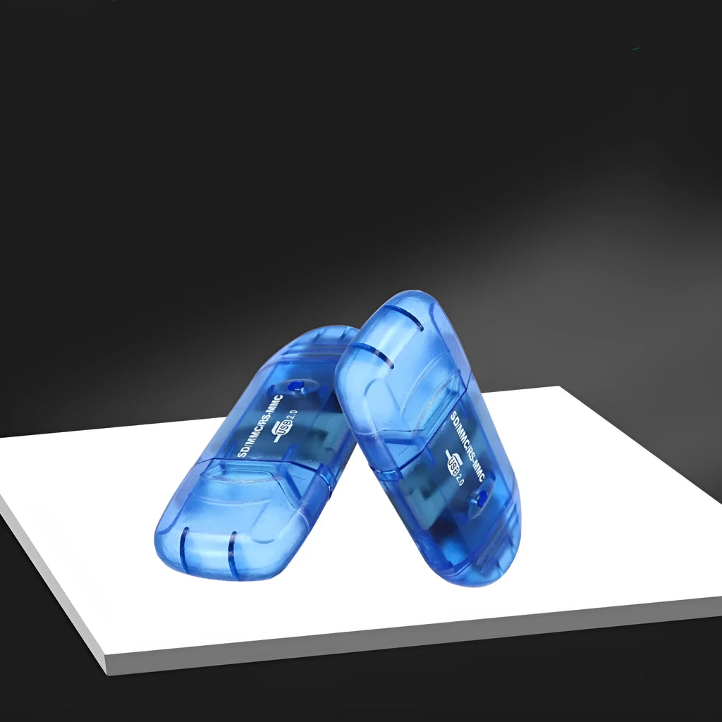 Transparent plastic USB card reader showing internal components with optional LED illumination