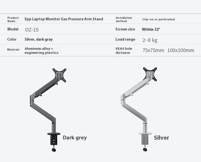 Silver aluminium laptop stand with adjustable air pressure arm bracket elevating a laptop