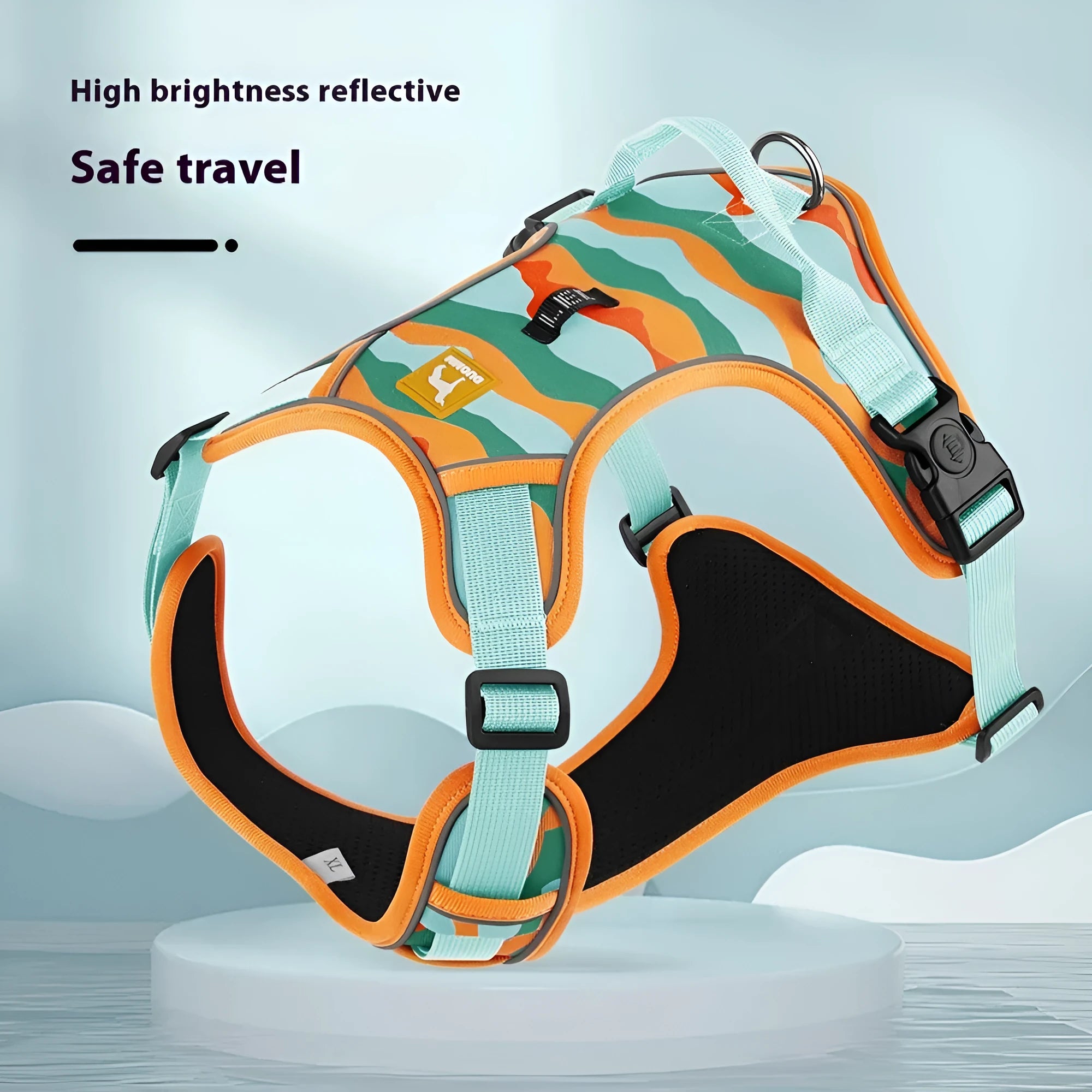 Orange dog harness and lead with chest strap, handle, and reflective strips for commuter safety.