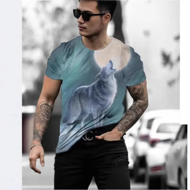 Retro 3D animal print on a men's short-sleeved light grey pullover T-shirt.