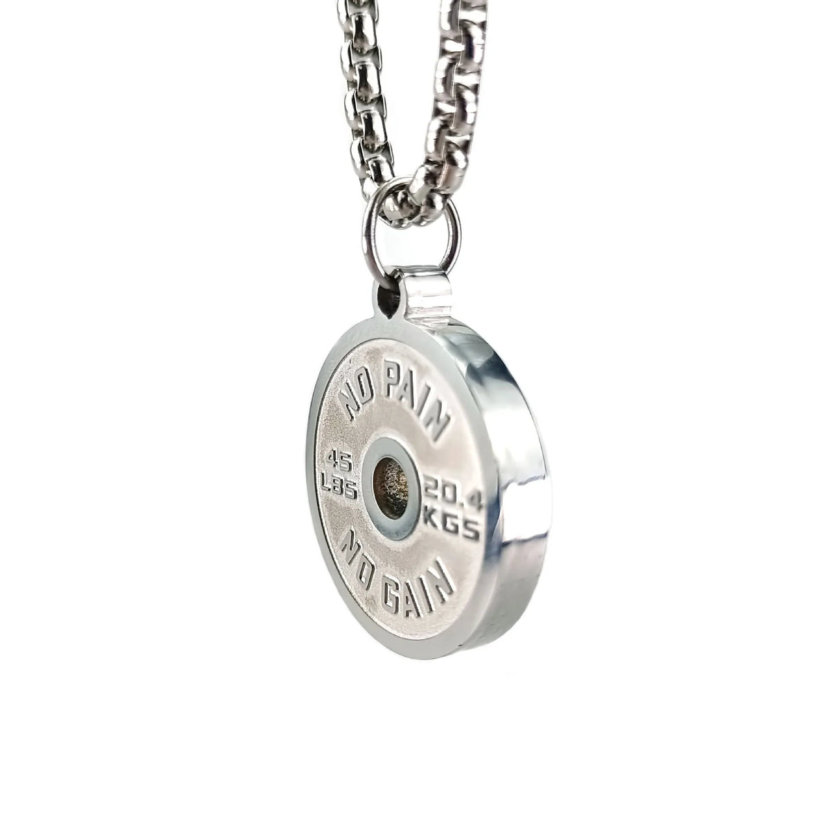 Stainless steel barbell disc geometric pendant necklace on a choice of pearl, gold, or black 60cm chain.