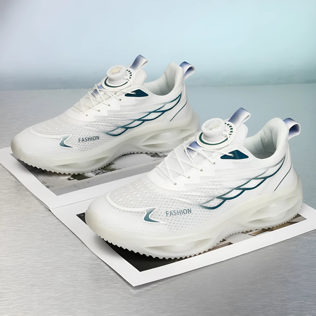 Casual breathable running shoes in sky blue with PU mesh upper and rubber sole.